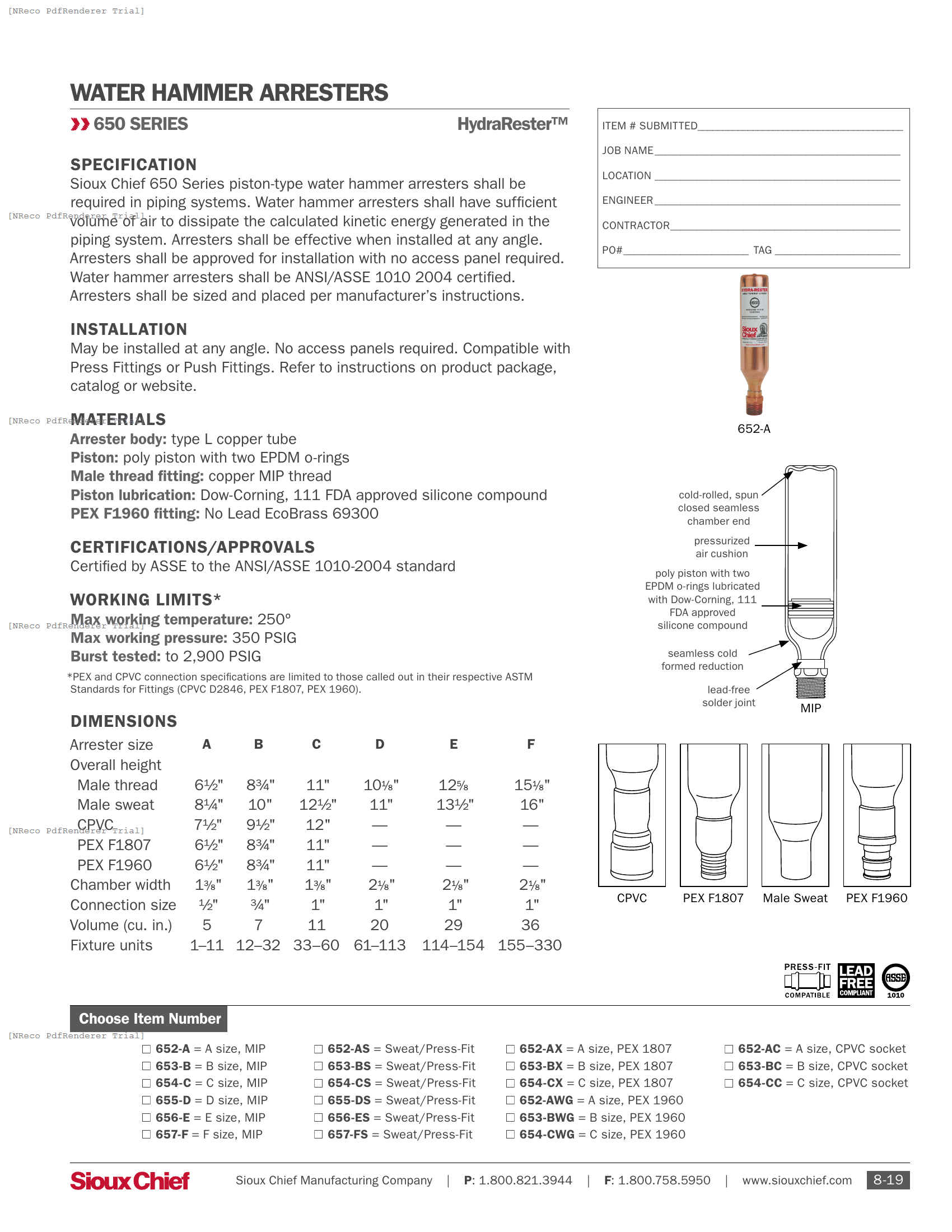 650 SERIES - HYDRARESTER WATER HAMMER ARRESTER - SPEC SHEET.PDF Specification Document